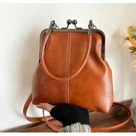 Women's Kiss Lock Crossbody Bag Small PU Leather Shoulder Purse Top Handle Phone Wallet Bag Tote Satchel Handbag, Brown, Medium