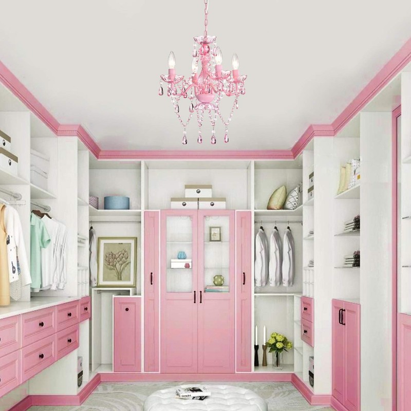 Mini Chandelier with Acrylic Crystals Pink Chandelier 4 Light Modern