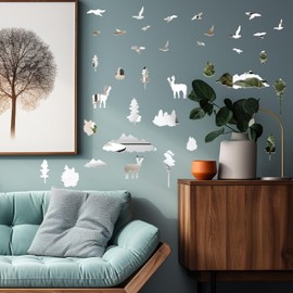Woodland Animal 3D Mirror Wall Stickers Removable Silver Acrylic Mirror Wall Decor Mountain Tree Animal Wall Decals Peel and Stick Forest Animals Wall Stickers Decor for Bedroom Living Room