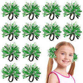 Umibow 12 Pcs Cheerleading Pom Poms Hair Ropes Elastic Cheer Hair Ties Pompoms Ponytail Holders for Cheerleading Basketball Game Outdoor Activities(Green, Silver)