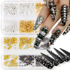 MOLILON Punk Nail Charms 3D Metal Cone Spike Nail Studs Goth Nail Art Charms Retro Nail Rivet Stud Jewels Flat Back Nail Art Decoration for DIY Craft Manicure Tips (2 Boxes, 1200Pcs)