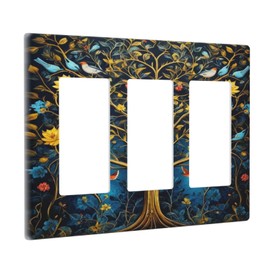 WUYOCHA Gold Tree With Birds Flowers on Branches 3 Gang Rocker Triple Outlet Wall Plate Decorative Switchplate Cover Faceplate GFCI Light Switch Covers for Farmhouse Living Decor
