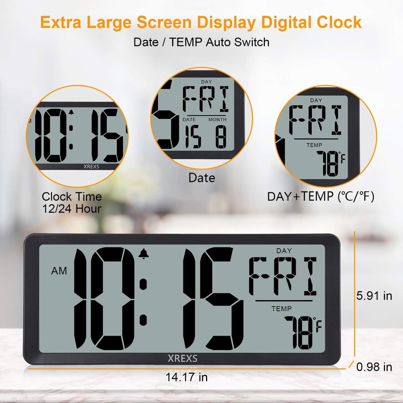 XREXS Large Digital Wall Clock, Battery Operated Alarm Clocks for