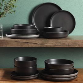 Gibson Soho Lounge Pasco 16 Piece (Service for 4) Plates and Bowls Double Bowl Reactive Glaze Dishes Stoneware Ceramic Dinnerware Set - Black