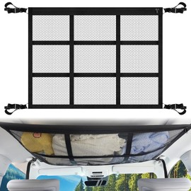 vsshe Car Ceiling Cargo Net Pocket, 90 x 65cm Adjustable Double Layer Mesh Roof Luggage Bag, Large Capacity Car Roof Storage Nets, Universal Stretchable Nets for Campervans Tents Quilts Toys Sundries