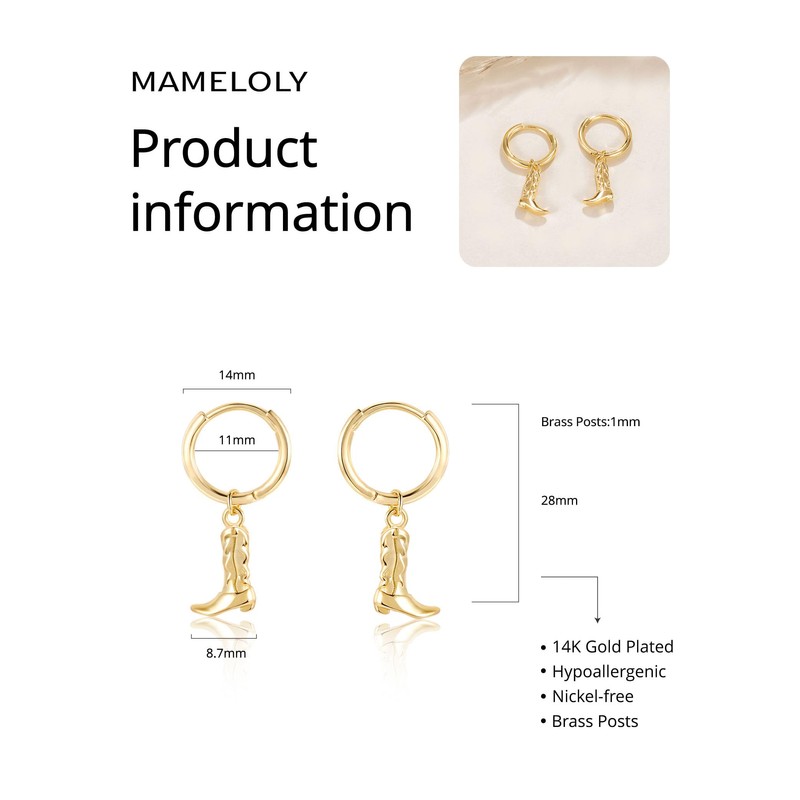Mameloly Cowboy Boot Earrings Dangle 14K Gold Plated Cowgirl Hoop