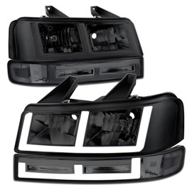 DNA MOTORING E-Style LED DRL Headlight+Parking/Turn Lamps Set Compatible with 03-14 Express/Savana 1500, 03-23 Express/Savana 2500 3500,Smoked/Clear,HL-LB4-CEGS03-4P-SM-CL1