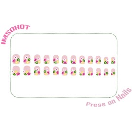 IMSOHOT Flower Press on Nails Short Square Fake Nails Cute Glossy Artificial False Nails Full Cover Spring Glue on Nails Full Cover Pink Stick on Acrylic Nails for Women Girls 24Pcs