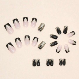 Get Glamorous With 24pcs Short Square Black Glitter Fake Nail & 1sheet Tape & 1pc Nail File Kit Nail Art Nail Care Set