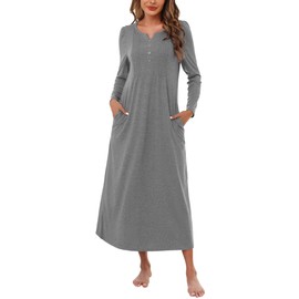 Marvmys Nightgowns for Women Soft Cotton Nightgowns Long Sleeve Ladies Sleepwear Gown House Dress with Pockets Dark Grey M