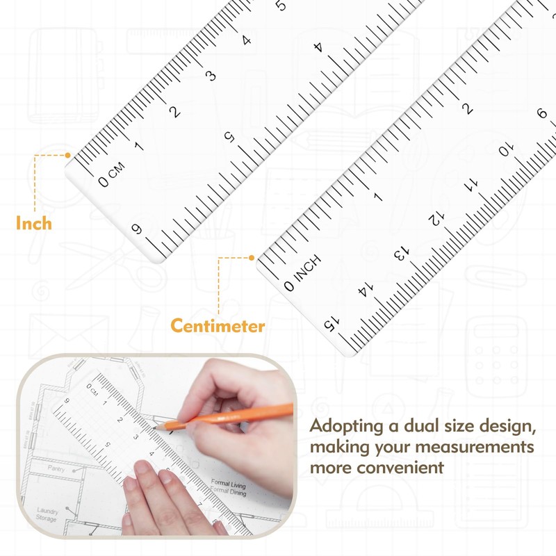 6 Pack Clear Ruler,15cm/6-inch Clear Plastic Ruler, Shatterproof Rulers,Thick Plastic