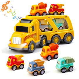Daioller 5-in-1 Building Toy for Children Aged 1 2 3 4 Years, Vehicle Game for Children with Sound and Light, 1 Ride-On Car with 4 Mini Cartoon Cars for Pulling