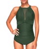 Women One Piece High Neck V-Neckline Mesh Ruched Monokini Swimwear