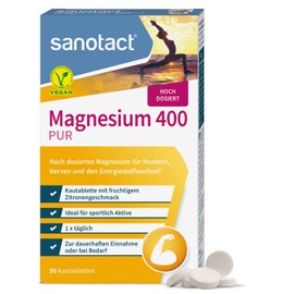 sanotact Magnesium 400 mg PUR (Vegan) • 30 Chewable Tablets with Magnesium High Dose • Magnesium with Instant Effect • Fruity Lemon Flavour • Magnesium for Children from 12 Years