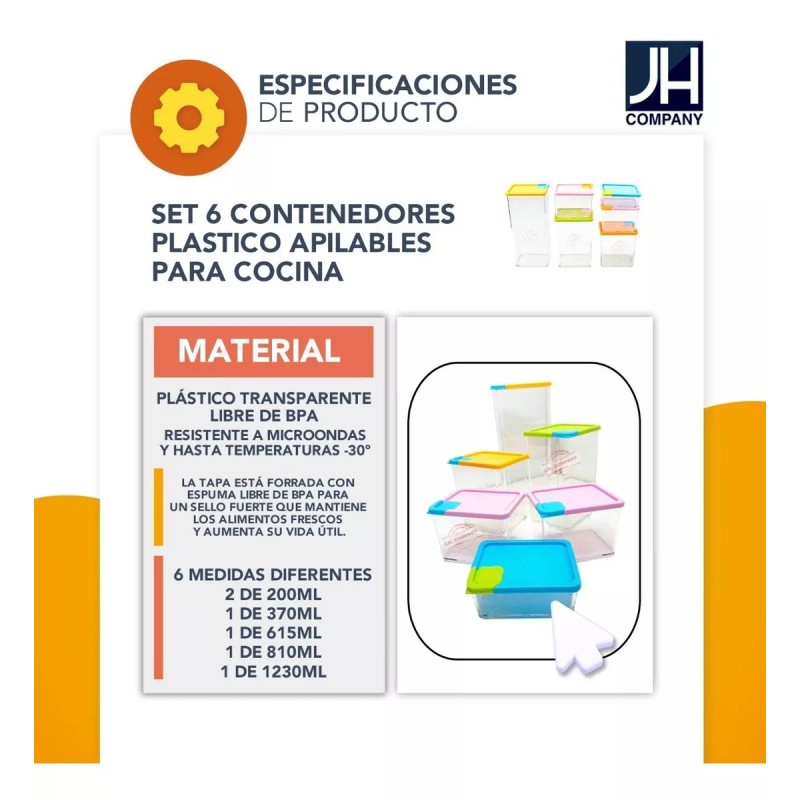 J.H. Company Set 6 Pcs Contenedores Plastico Recipiente Para Cocina