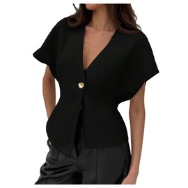 MakeMeChic Women's V Neck Blazer Top Single Button Short Sleeve Plain Office Suit Blazers Black Large