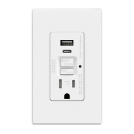 AIDA 15 Amp GFCI Outlet with USB Ports (USB-C & USB-A), Self-Test Tamper Resistant GFCI USB Outlet, 24W Max Output, Compact Design for Standard Electrical Box, UL Listed, Matte White (1 Pack)