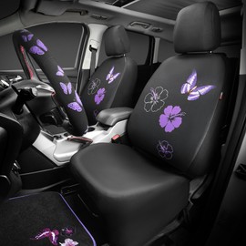 CAR PASS Universal Cloth Butterfly Car Seat Covers Full Set, Embroidered Flower Waterproof Car Floor Mats Carpet, Butterflies Steering Wheel Cover for Car Accessories Interior Sets (Black and Purple)