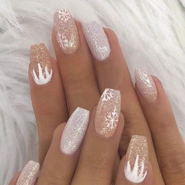 Allereya Coffin Press On Nails Shiny Glitter Snow Fake Nails Long Party Clip On Nails Ballerina Ombre Acrylic Nails Tips for Women and Girls Pack of 24
