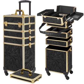 Somduy Rolling Makeup Case, Makeup Train Case with Lid, 5 in 1 Cosmetology Case on Wheels, Christmas Gift, Large Makeup Organizers, Profesional Cosmetic Case for Salon Barber, Pattern Black Gold