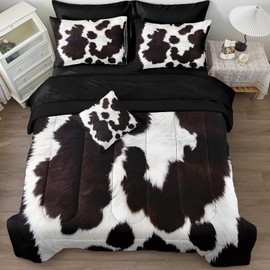 Bedbay Cowhide Comforter Set Queen Size Bed in a Bag Set Boys Girls Western Farmhouse Cow Print Bedding Set Black White Brown Cowhide Printed Rustic Bedding Comforter 8 Pieces (Cow Print,Queen)