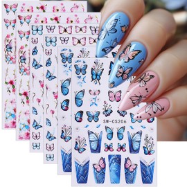 Butterfly Nail Art Stickers Decals 3D Spring Flower Nail Stickers Self-Adhesive Pink Cherry Blossom Nail Decals Spring Summer Flower Butterfly Nail Supplies for Women DIY Manicure Decoration 6 Sheets
