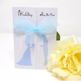 Pack of 10 Silouette Wedding Invitations with ribbon and envelopes- Gatefold style! (BABY BLUE)