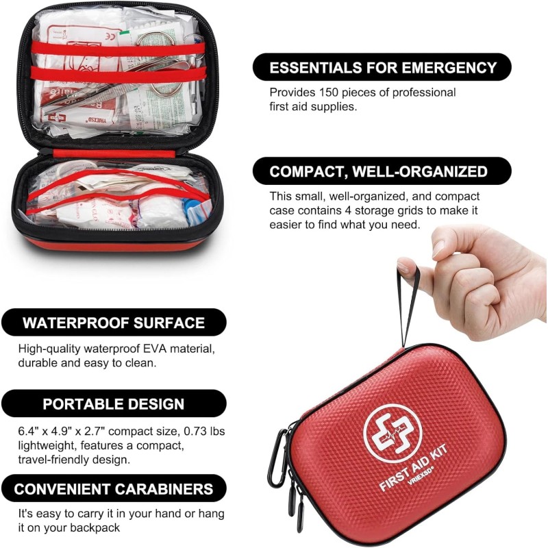 Vriexsd Mini First Aid Kit 150Pcs Waterproof Hard Shell Medical
