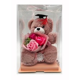 RBN Graduation Bear Gift Bouquet with Display Case Graduate Hat Teddy Bear Forever Roses Artificial Flower Gift for Daughter Friend Nurse (Pink)