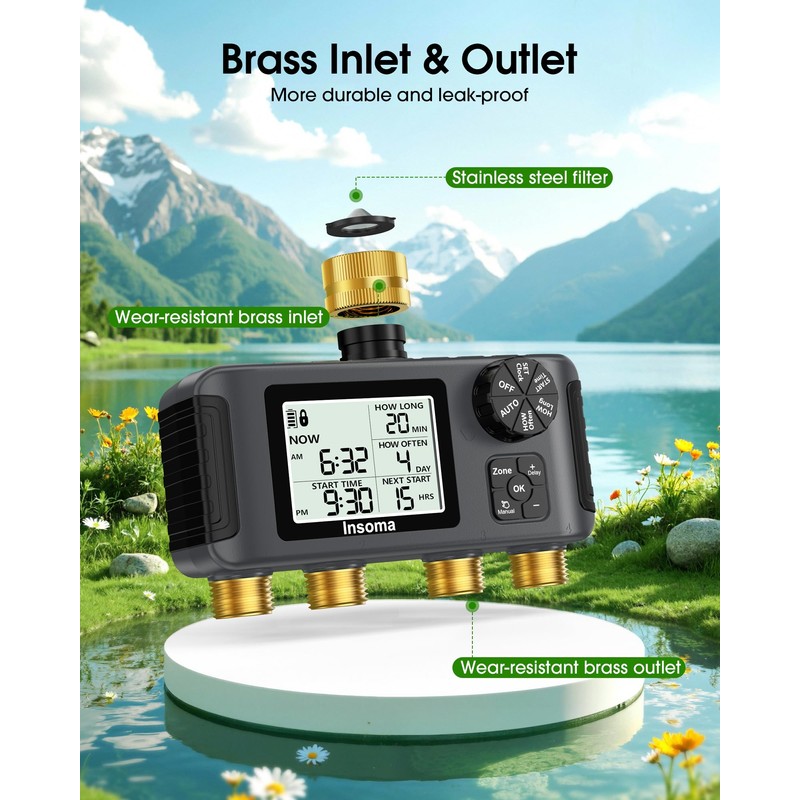 Insoma 4 Zones Sprinkler Timer with Brass Inlet & Outlet,