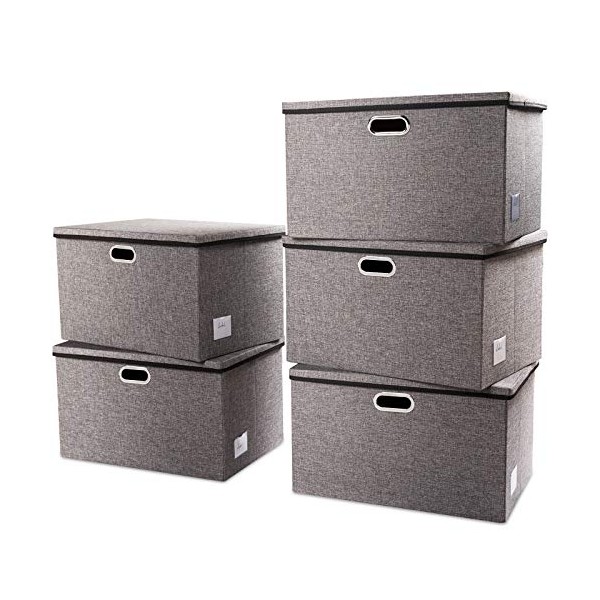 Prandom Extra Large Collapsible Storage Bins with Lids [5-Pack] Linen