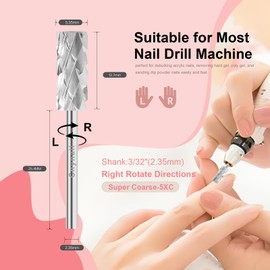 Cnynail Cnynail 3/32" 5.35MM Small Barrel Flat Top Bit Tungsten Carbide Nail Drill Bit Safety Bit for Gel & Acrylic Removal, Right Way Rotating Efile Tip, Salon Electric File Accessory (5XC Grit, Silver)