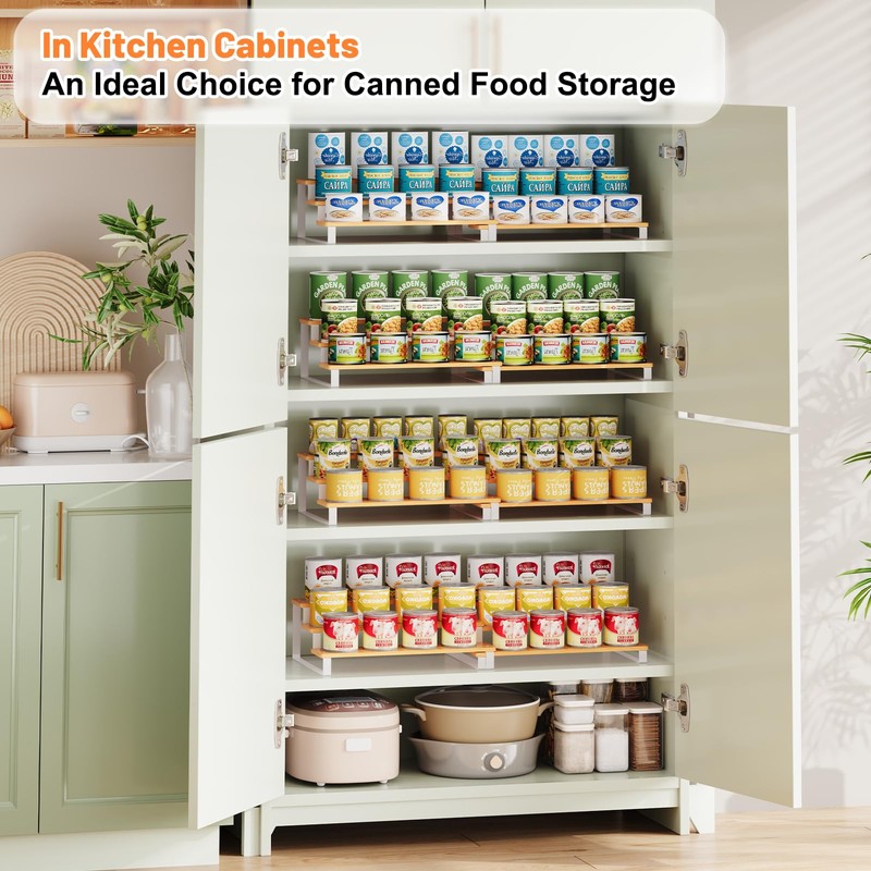 Expandable Can Organizer for Pantry, 3-Tier Adjustable Bamboo & Iron