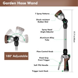RESTMO Metal Watering Wand, Heavy Duty Garden Hose Wand with 180° Swivel Ratcheting Head, 16'' Hose Nozzle Sprayer with 7 Spray Patterns and Flow Control, for Water Hanging Baskets and Shrubs, Brown