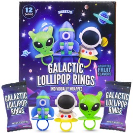 Outer Space Party Favors, Individually Wrapped Galactic Lollipop Rings, Rocketship, Astronaut, and Alien Shaped Suckers, Assorted Fruit Flavors, (Pack of 12)