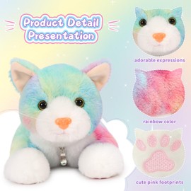 Muiteiur 4 Piece Cats Stuffed Animals, 15.7 inch Mom Plush Cat with 3 Kittens Stuffed in Zipper Pouch, Cute Rainbow Mom and Baby Stuffed Kitten for Kids Girls Boys Gift for Birthday