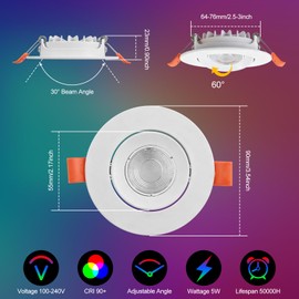 Smart 3 Inch LED Recessed Lighting, Ultra-Thin 60°Adjustable Downlight, 5W WiFi Compatible with Alexa and Google Home, Dimmable RGB & CCT 2700K-6500K, 120V Ceiling Light with LED Driver, 4 Pack