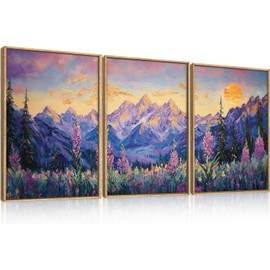 TOARTi Purple Sunset Mountain Landscape Framed Canvas Wall Art Set,Nature Pine Tree Wildflowers Wall Decor,Golden Sunlight Wall Painting,Modern Field Art Prints for Living Room, Bedroom 12x16inchx3