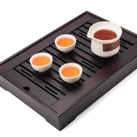 XL Size Bamboo Chinese Tea Tray - 15.6 x 10.9 inch Japanese Tea Serving Tray, Gongfu Tea Table Set with Reservoir Type Water Storage Box Kong Fu Tea Tray