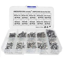 cersaty® 340 Pieces M3 Screw Nuts Set 304 Stainless Steel 9 Types Assortment Kit 5 mm 6 mm 8 mm 10 mm 12 mm 14 mm 16 mm 18 mm 20 mm with Box (Silver)