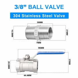 ERGAOBOY 2 Pcs 3/8" Female x 3/8" Female BSP Heavy Duty 304 Stainless Steel Ball Valve with 2 Pcs 3/8" Male Hex Nipple Connectors