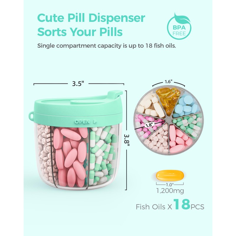 AMOOS Cute Pill Dispenser with 7 Large Compartments, Portable Pill