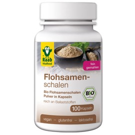 Raab Vitalfood Organic psyllium husks, 100 capsules of 600 mg, organic, vegan and naturally gluten and lactose free, 83% vegetable fibre, finely ground psyllium husks