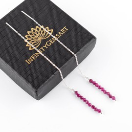 InfinitygemsArt Ruby Earrings For Women Beaded Gemstone Threader Dainty Natural Beads Crystal July Birthstone, Gift for her Energy Healing Crystals Jewelry in Silver Plated
