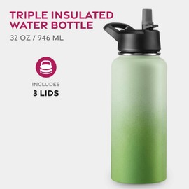 Triple Walled, Insulated Water Bottles with Straw - Stainless Steel Metal Bottle W/ 3 Leak Proof Lids - For Travel, School, Sports, Gym/Men, Women & Kids (Dreamy Green, 950 ml)