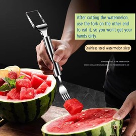 2-in-1 Stainless Steel Fruit Cutter, New Portable Watermelon Fork Slicer Cutter, Dual Head Fruit Knife for Summer Home Party Camping Kitchen Gadgets (2 Pcs)