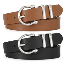 TRIWORKS 2 Pack Women Leather Belt for Jeans Pants Fashion Silver Buckle Ladies PU Leather Dress belt