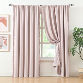 Pink Pom Poms Blackout-Curtains 95 inch Bedroom Window Curtains for Living Room Triple Weave Half Blackout Window Curtains for Hotel Guest Room Drapes 52" w x2 Panels Rod Pocket