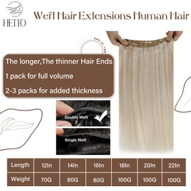 Hetto Weft Hair Extensions Human Hair Blonde Double Weft Human Hair Extensions Ash Blonde Highlight Bleach Blonde Sew in Real Human Hair Extensions for Women 20inch 100g