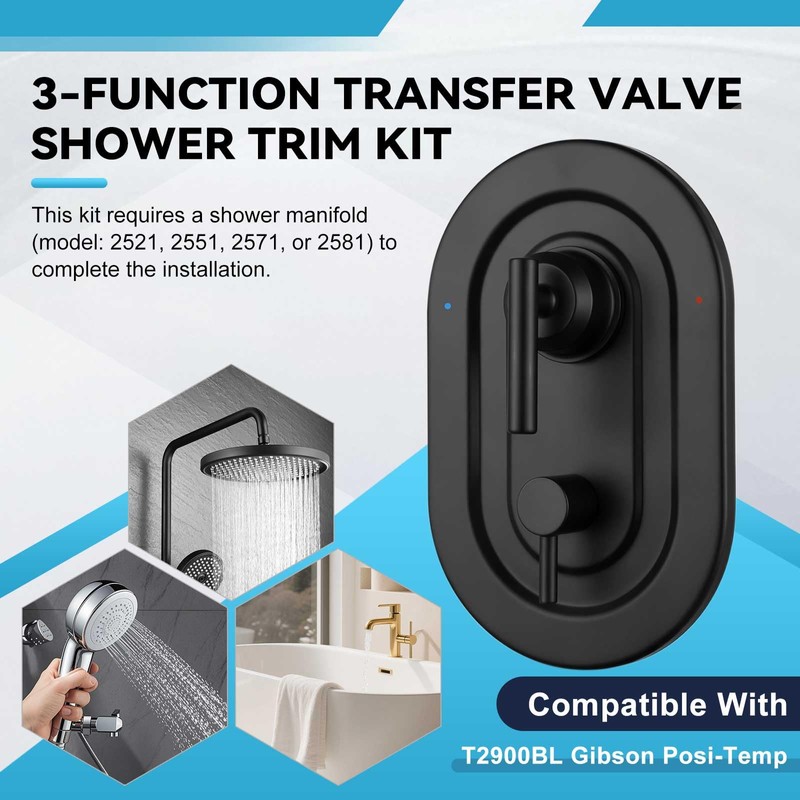 T2900BL Matte Black Shower Handle 3-Function Transfer Valve Shower Trim